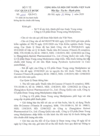 Thu hồi trên toàn quốc thuốc tiêm B-Comene